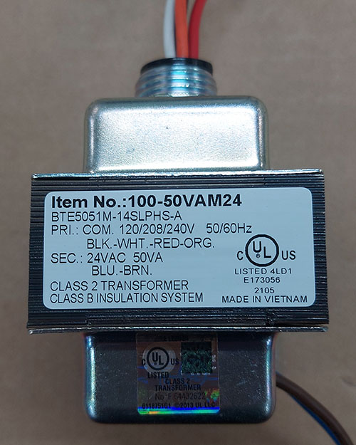 Control Transformer, Class 2, Primary 120/208/240V, Secondary 24VAC, 50VA