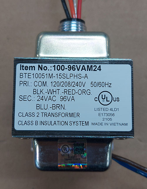 Control Transformer, Class 2, Primary 120/208/240V, Secondary 24VAC, 96VA